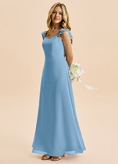 Azazie Mavie Junior Abito A-Line in Chiffon Increspato Blu Acciaio image3