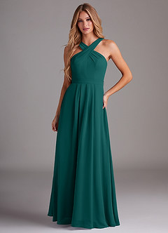 Azazie Dixie Bridesmaid Dresses Peacock A-Line Halter Pleated Chiffon Dress image1