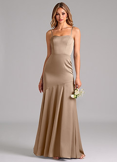 Azazie Shiloh Brautjungfernkleider Wandelbar Meerjungfrau-Linie Schulterfrei Stretch-Satin Kleid Taupe image2