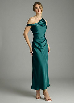 Azazie Emerson Robes de demoiselle d'honneur Robe Sirène en Satin extensible Épaule décolletée Paon image3