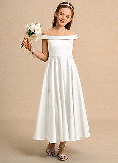 Azazie Teeny Junior Formal Jurken voor bloemenmeisjes A-Lijn Jurk van Mat Satijn Geplooid Ivoor image5