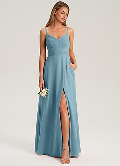 Azazie Terese Brautjungfernkleider A-Linie Plissee Chiffon Kleid Stimmungsvolles Blau image3