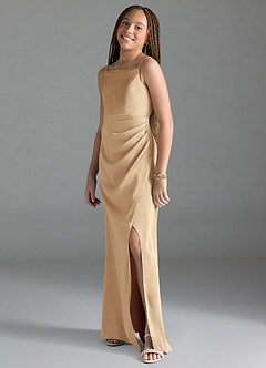 Azazie Leonis Junior Robe Trapèze en Satin extensible Plissée Champagne image4