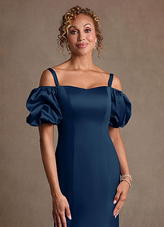 Azazie Redding vestidos de madre de la novia Vestido de Azul Marino Oscuro de Satén Elástico de Corte Recto con Volante image5