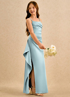 Azazie Cannoli Girls Formal Blumenmädchenkleider A-Linie Plissee Matte Satin Kleid Nebel image4