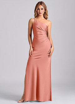 Azazie Marseli Bridesmaid Dresses Coral Mermaid One Shoulder Stretch Satin Dress image5