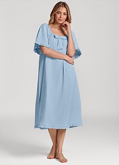front Vestido pijama de algodón de manga corta con lazo y volantes