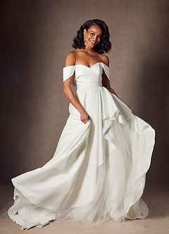 Azazie Alexandria Wedding Dresses Diamond White A-Line Off the Shoulder Matte Satin Dress image1