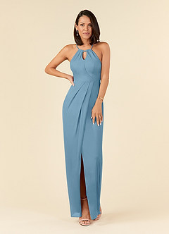Azazie Hadid Mother of the Bride Dresses Steel Blue Sheath Pleated Mesh Dress image1