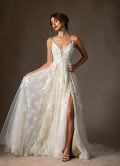 Azazie Monda Abiti da Sposa Abito A-Line in Tulle Pizzo Bianco Diamante Champagne image4