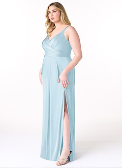 Azazie Aqua Vestidos de damas de honor Vestido de Azul Cielo de Satén Elástico de Corte en A con Cuello en V plisado image10