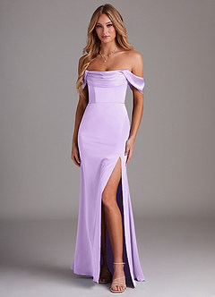 Azazie Saige Jurken voor bruidsmeisjes Jurk van Stretch Satijn met Kolom Off the Shoulder Lila image1