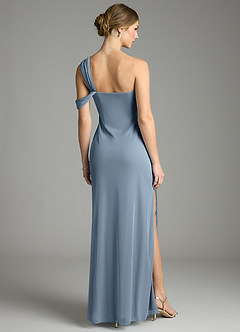 Azazie Tati Venta Final Vestido de Azul Polvoriento de Malla de Corte Recto con Vestidos sin tirantes image5