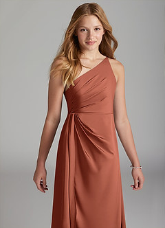Azazie Mika Junior Robe Trapèze en Satin extensible Plissée Argile image4