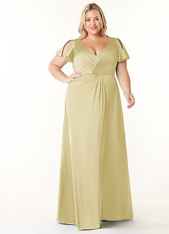 Azazie Soren Bridesmaid Dresses Lemon Sorbet A-Line Pleated Stretch Satin Dress image8