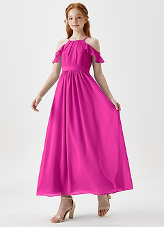 Azazie Chaya Junior Fuchsia A-Line Off the Shoulder Chiffon Dress image5