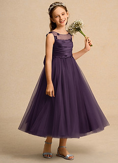 Azazie Snowball Girl Jurken voor bloemenmeisjes Baljurk Jurk van Tule Geplooid Pruim image4