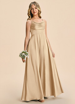 Azazie Gia Junior Champagne A-Line Pleated Stretch Satin Dress image1