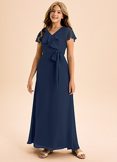 Azazie Lainey Junior Robe Trapèze en Mousseline de soie avec poches Bleu Marine Foncé image4