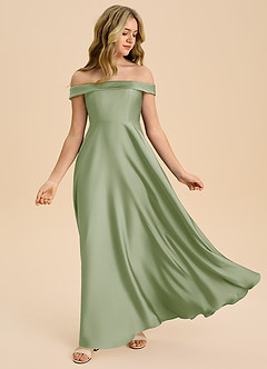 Azazie Sissy Junior Robe Trapèze en Satin extensible Épaule décolletée Vert Sauge image5