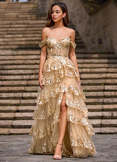Glitz Champagne Ruffled A-line Prom Dress image4