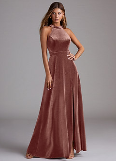 Azazie Clarice Final Sale Rustic Rose A-Line High Neck Velvet Dress image1