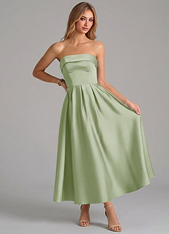 Azazie Lucienne Robes de demoiselle d'honneur Robe Trapèze en Satin extensible Plissé Vert Sauge image5