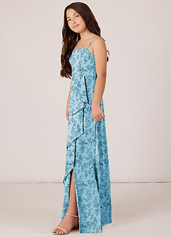 Azazie Kaylee Junior Blue Fern Floral A-Line with Belt Chiffon Dress image3