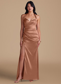 Azazie Emeria Bridesmaid Dresses Bronzer Sheath Side Slit Metallic Satin Dress image5