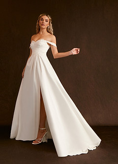 Azazie Joya Wedding Dresses Diamond White A-Line Off the Shoulder Crepe Back Satin Dress image1