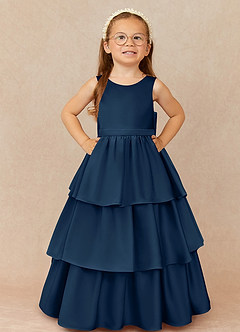 Azazie Margie Flower Girl Dresses Dark Navy A-Line Bow Stretch Satin Dress image2