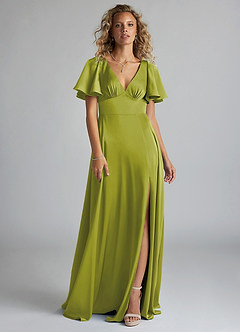 Azazie Kimber Bridesmaid Dresses Lemongrass A-Line Ruched Stretch Satin Dress image3