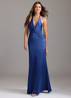 Azazie Valerie Vestidos de damas de honor Vestido de Azul Real de Satén Elástico de Corte Sirena con Plisado image3