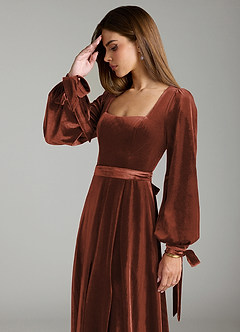 Azazie Leonia Bridesmaid Dresses Terracotta A-Line Long Sleeve Velvet Dress image6