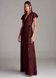 Azazie Ling Bridesmaid Dresses Cabernet A-Line Pleated Floral Burnout Dress image5