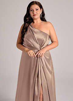 Azazie Brooke Bridesmaid Dresses Taupe A-Line One Shoulder Metallic Satin Dress image6