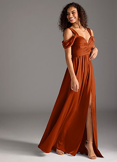 Azazie Lianne Bridesmaid Dresses Burnt Orange A-Line Off the Shoulder Stretch Satin Dress image10