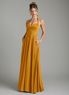 Azazie Tenaya Robes de demoiselle d'honneur Robe Trapèze en Satin extensible Décolleté en cœur Caramel écossais image1