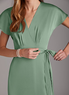 Azazie Nico Bridesmaid Dresses Matcha A-Line V-Neck Stretch Satin Dress image7