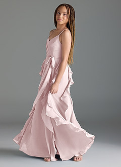 Azazie Peyton Junior Blushing Pink A-Line V-Neck Cascading Ruffles Chiffon Dress image4