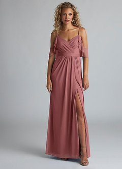 Azazie Fiena Bridesmaid Dresses Desert Rose A-Line V-neck Ruched Mesh Dress image1