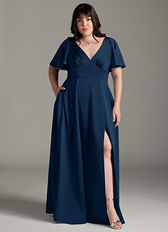 Azazie Kimber Brudtärnklänningar Klänning av A-Line i Stretch Satin Ruched Mörk Marinblå image7