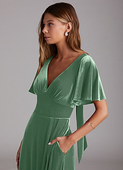 Azazie Kimber Bridesmaid Dresses Eucalyptus A-Line with Pockets Velvet Dress image6