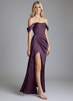 Azazie Amyra Bridesmaid Dresses Plum Mermaid Off the Shoulder Stretch Satin Convertible Dress image5