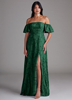 Azazie Sue Bridesmaid Dresses Dark Green A-Line Off the Shoulder Floral Burnout Convertible Dress image5