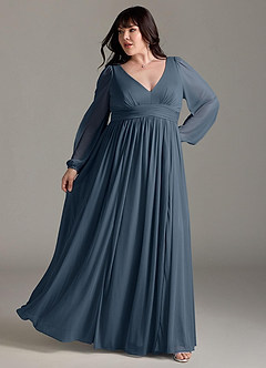 Azazie Norah Bridesmaid Dresses Neptune A-Line V-Neck Long Sleeve Chiffon Dress image8