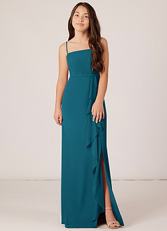 Azazie Kaylee Junior Ink Blue A-Line with Belt Chiffon Dress image1
