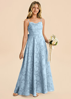 Azazie Bear Junior Sky Blue A-Line Pleated Floral Burnout Dress image4