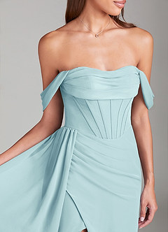 Azazie Amyra Bridesmaid Dresses Sea Glass Sheath Off the Shoulder Chiffon Convertible Dress image5
