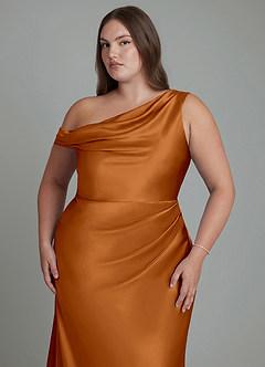 Azazie Emerson Bridesmaid Dresses Copper Mermaid Off the Shoulder Metallic Satin Dress image12